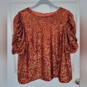 Anthropologie Copper Orange Sequin Top sz 12 with ruched sleeves